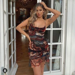 Renaissance Print Mesh Cowl Ruched Mini Dress